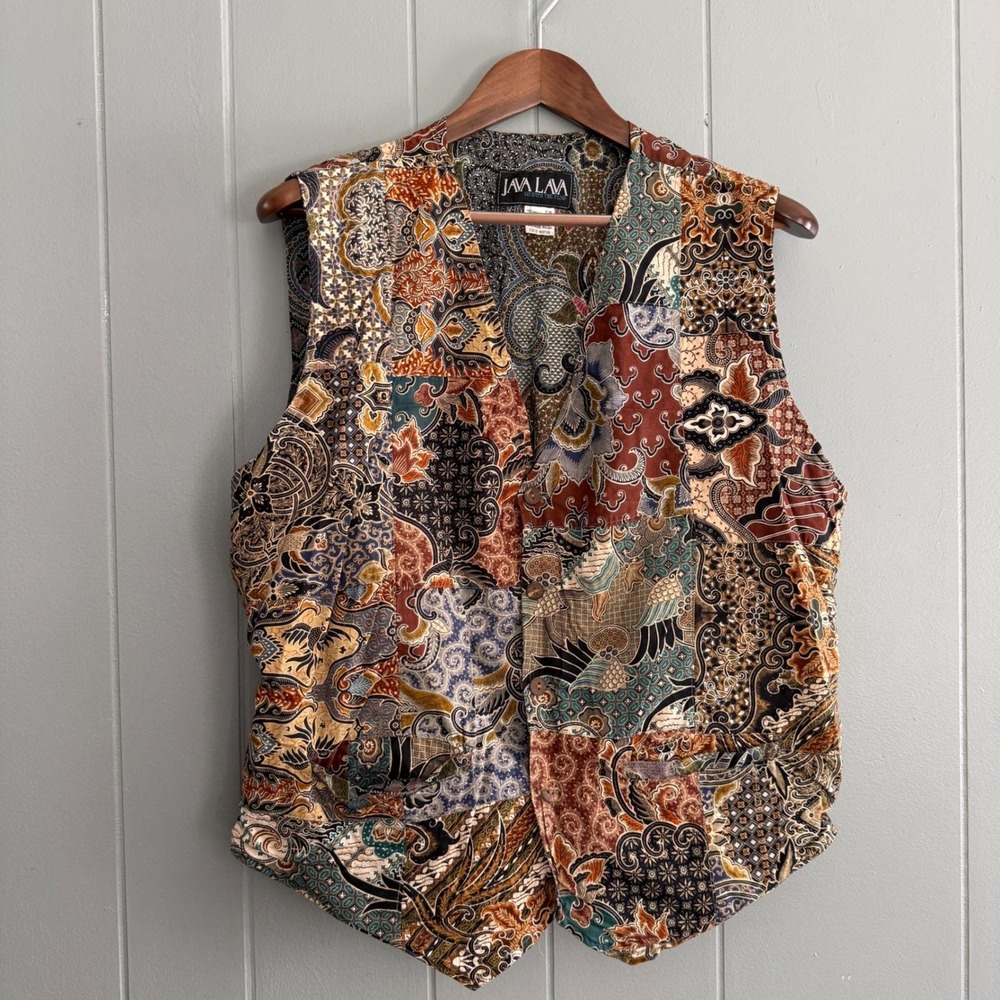Womens One Size Java Lava Vintage Batik Patchwork Vest Art to Wear Boho Eclectic